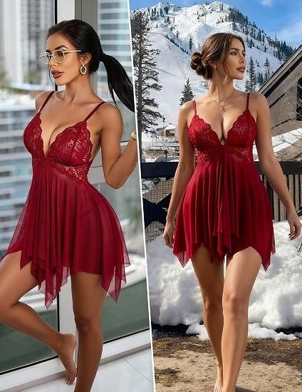 Immagine di Red Lace And Mesh Lingerie Babydoll Dress 5